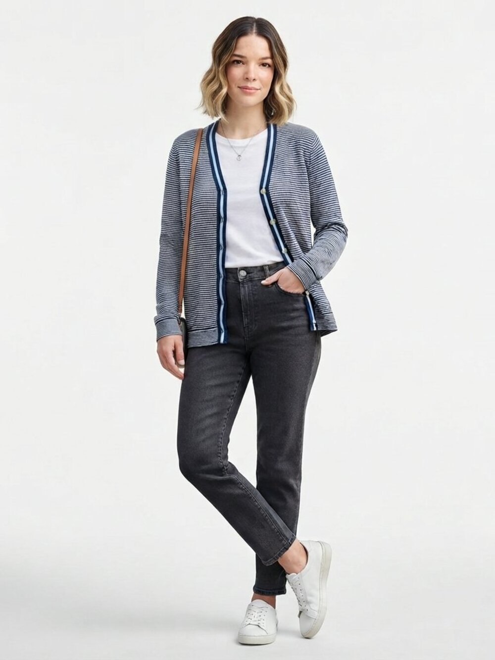 J.Jill Striped Wool Blend Cardigan XL Classic Preppy Soft Button Front Casual